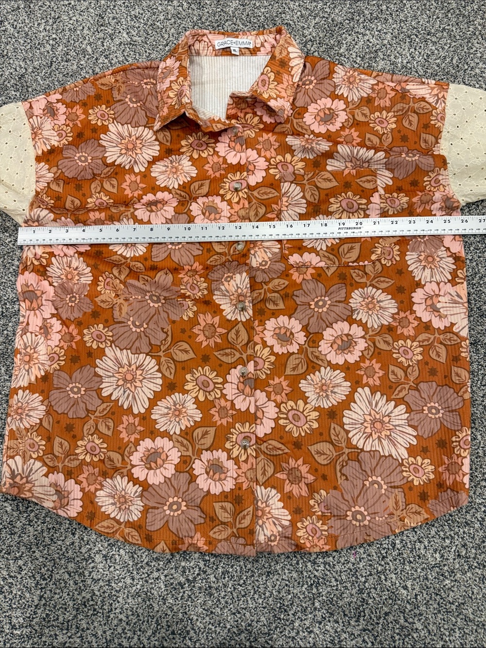 Grace + Emma Floral Retro Boho Ribbed Eyelet Button-Up Shirt in Rust Cream Sz XL - Picture 8 of 8